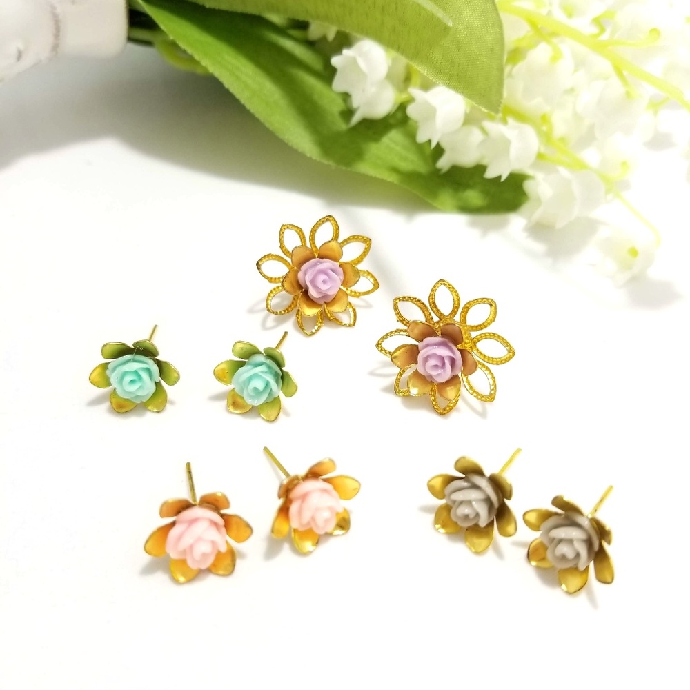 Pastel colored Resin rose earring studs | 4 pairs